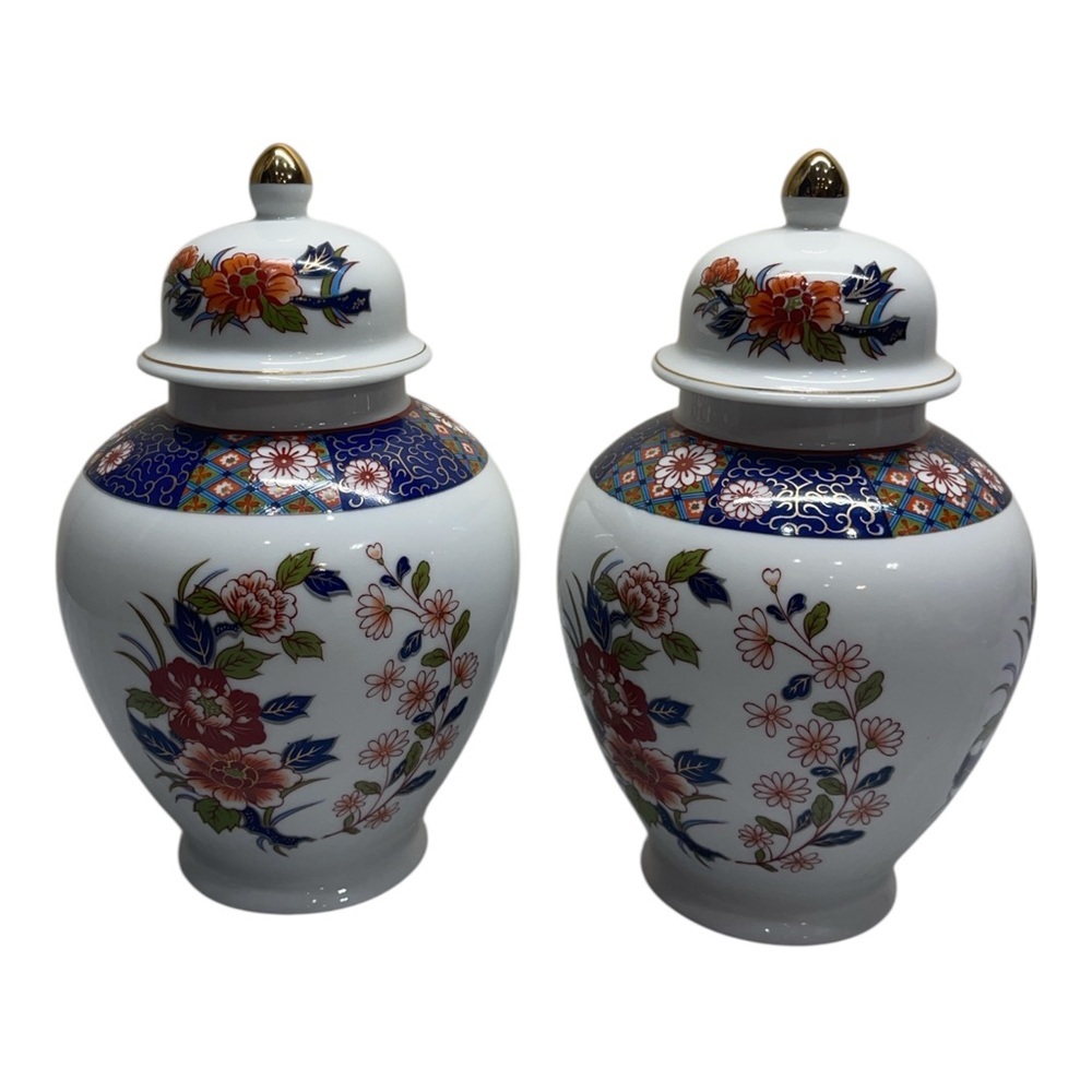 Old Imari Japan Porcelain Vintage Ginger Jar Set of 2 Blue Gold Floral Design